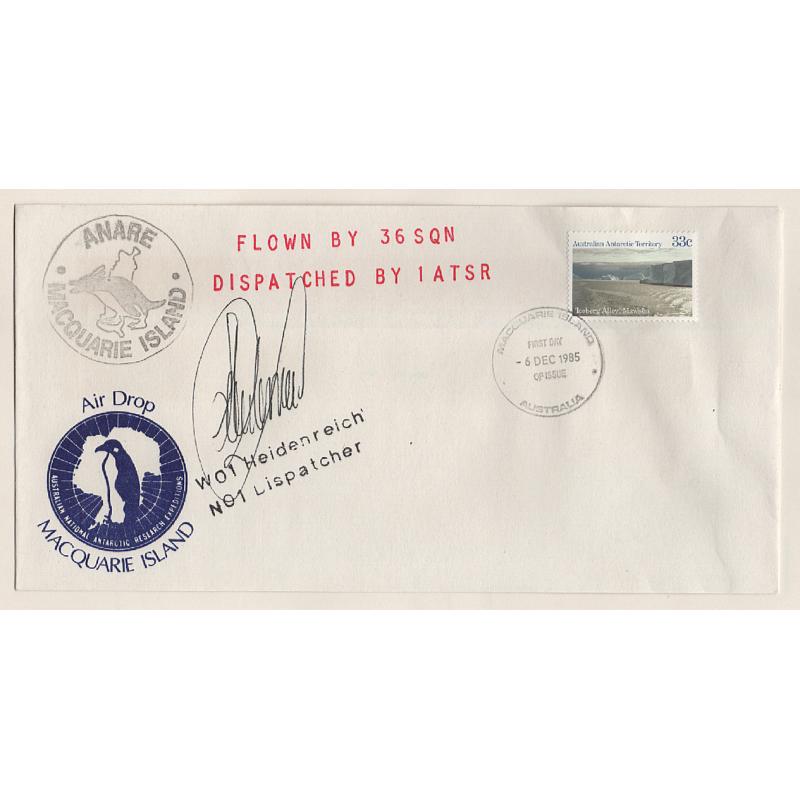 (SS15052L) AUSTRALIAN ANTARCTIC TERRITORY · 1985: unaddressed cacheted MACQUARIE ISLAND AIR DROP cover signed by 36 Sqn pilot · fine condition · unusual item