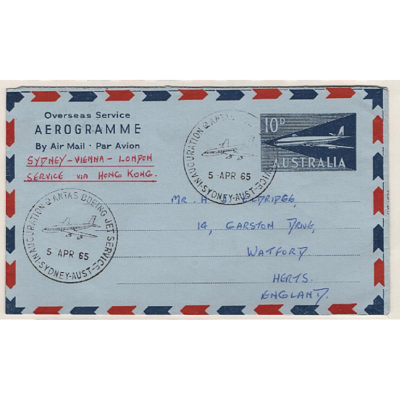 (SS15055) AUSTRALIA  1965 (April 5th): 10d "Overseas Service" aerogramme carried on first QANTAS Boeing Jet Service flight Sydney/Vienna via Hong Kong AAMC #1544 · onforwarded to London on arrival · fine condition