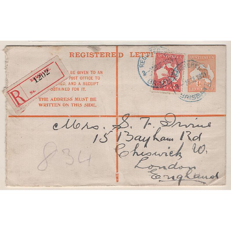 (SS15060) AUSTRALIA · 1914: uprated Die II 4d orange Roo registered letter envelope with "large T in MUST' variety BW RE3d postally used to London · some minor imperfections however the overall condition is excellent