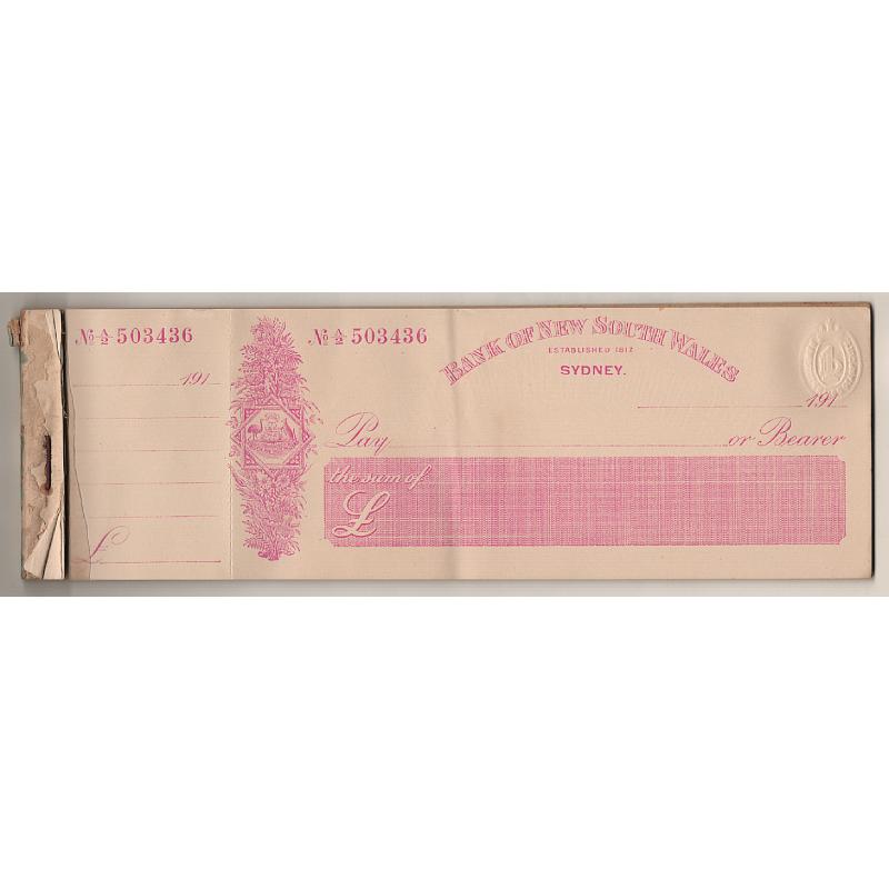 (SS15065L) NEW SOUTH WALES · 1910s: part Bank of New South Wales cheque book · 24 unused cheques remain each with a colourless 1d 'Belt & Buckle' embossed s/duty · excellent clean condition throughout · total Elsmore online c.v. AU$1440