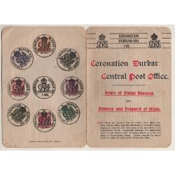 (SS15067) INDIA · 1911 (Dec 1st) CORONATION DURBAR CENTRAL POST OFFICE souvenir with special postmarks on back and PO operating details, etc. during event inside · excellent condition