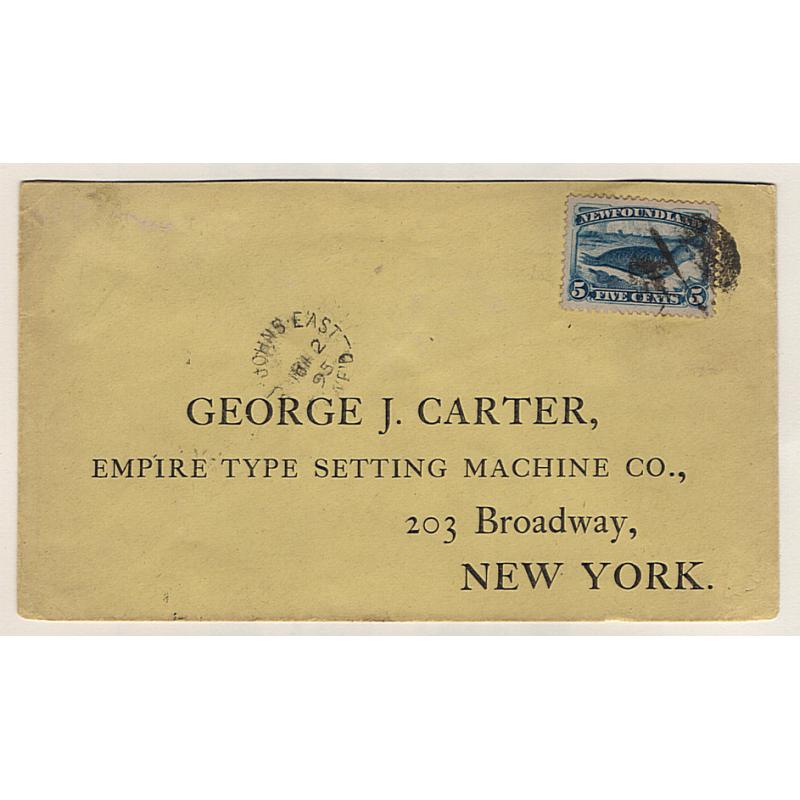 (SS15069) NEWFOUNDLAND · 1895: commercial cover to New York mailed from ST JOHNS EAST · 5c blue Seal franking tied by cork cancel · excellent condition