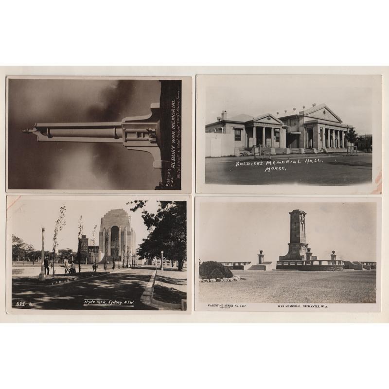 (SS15081) AUSTRALIA · 1920s/30s: 8 unused real photo cards by Rose, Valentine et al featuring views of WAR MEMORIALS in various mainland states · condition is excellent to VF throughout (2 images)