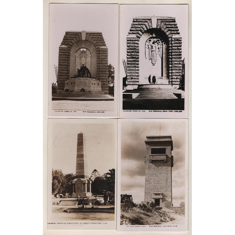 (SS15081) AUSTRALIA · 1920s/30s: 8 unused real photo cards by Rose, Valentine et al featuring views of WAR MEMORIALS in various mainland states · condition is excellent to VF throughout (2 images)