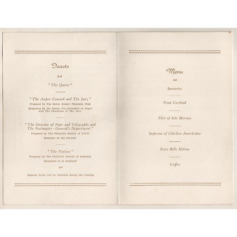 (SS15083) AUSTRALIA · ANPEX 1959 EXHIBITION DINNER souvenir menu · autographs provided by Bill Purves, John White et al · fine condition (2 images)