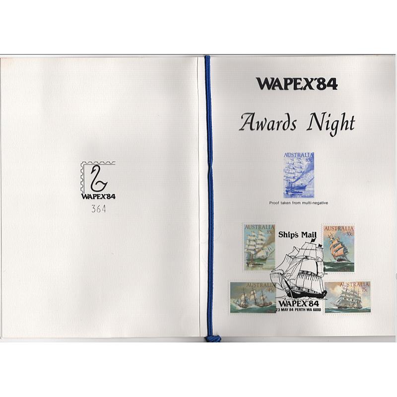 (SS15089L) AUSTRALIA · WAPEX'84 AWARDS NIGHT souvenir menu with exhibition cancel and a "proof (of the 85c Thermopylae) taken from multi-negative" · VF condition (2 images)