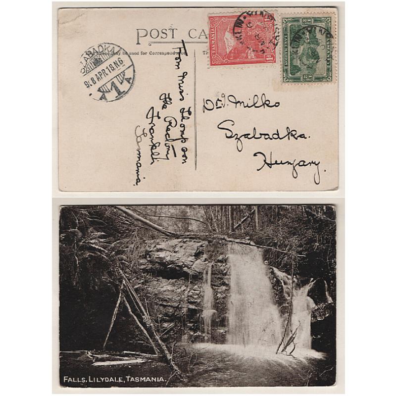 (SS15090) TASMANIA · 1908: printed PPC w/view of LILYDALE FALLS mailed to HUNGARY with 1d + ½d Pictorial franking · some minor peripheral wear