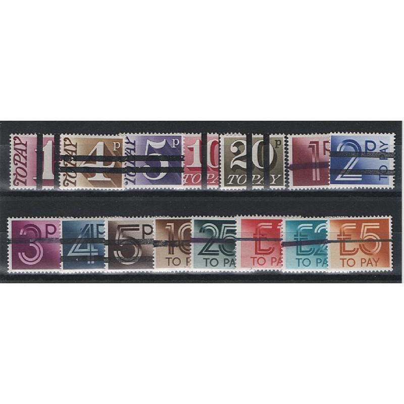 (SS15091) GREAT BRITAIN · 1970s/80s: unmounted mint oddments to £5 from the decimal POSTAGE DUE issues overprinted with obliterating lines for use by POST OFFICE TRAINING SCHOOL · 15 stamps in VF condition