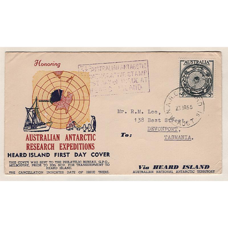 (SS15094) AUSTRALIAN ANTARCTIC TERRITORY · 1955: 3½d A.N.A.R.E. fdc with HEARD ISLAND FIRST DAY COVER cachet · excellent condition and scarcer than the other covers with "Honoring..." cachets by Wide World