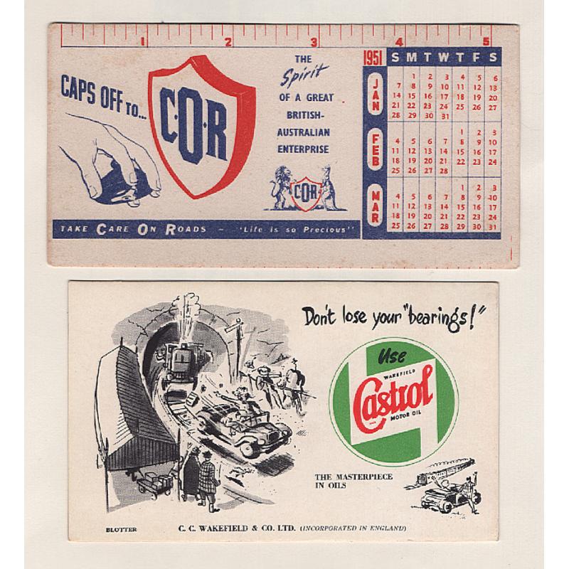 (SS15095) AUSTRALIA · 1950s: 2 small ink blotters given to C.O.R. (Commonwealth Oil Refineries) and Castrol customers · both item "unused" and in an excellent condition · $5 STARTER!! (2)