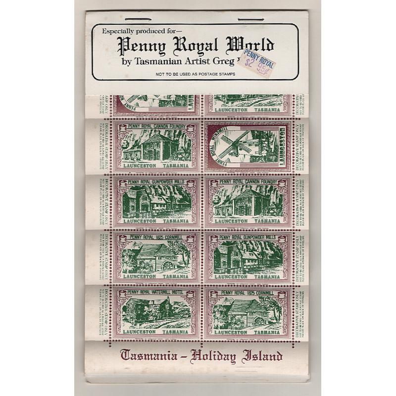 (SS15096) TASMANIA · 1980s: 5x "Penny Royal World" sheetlets of 10 poster stamps illustrated by local artist Greg Waddle featuring views associated with the tourist complex · affixed to original packaging · excellent condition