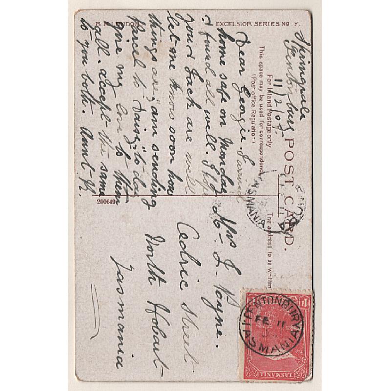 (SS15099) TASMANIA · 1909: a full clear strike of the FENTONBURY Type 1 cds on a PPC of British publication · postmark is rated R-(7*) · also GLENORA transit pmk