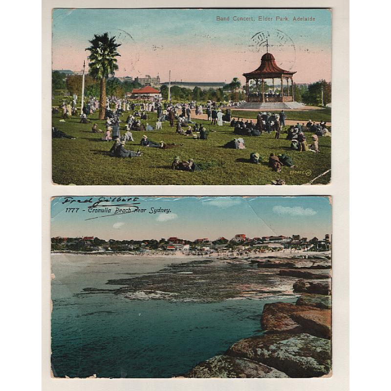 (SS15100) AUSTRALIA · 1913/14: postcards mailed from SA to Belgium and NSW to Hungary both with ½d + 1d Roo franking making up the applicable rate (2 images)