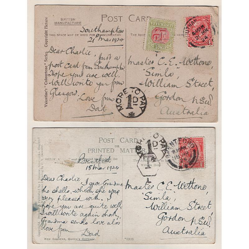 (SS15101) AUSTRALIA · 1924: two inwards to Sydney postcards from G.B. both underpaid and taxed with same 1D MORE TO PAY handstamp · from same correspondence and in excellent condition (2)
