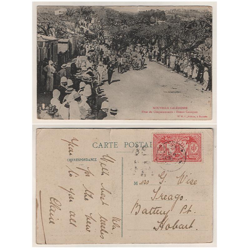 (SS15102) NEW CALEDONIA · 1907: postcard with local view "Danses Canaques" mailed to Tasmania with 10c Shields/Spears franking · small tear near centre/top o/wise in excellent condition