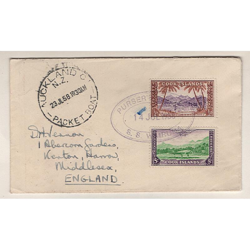 (SS15107) NEW ZEALAND · COOK ISLANDS  1958: small cover to G.B. with Cook Island pictorial defins 'tied' by the S.S. WAIRUNA PURSER'S OFFICE datestamp · AUCKLAND PACKET BOAT cds applied before onforwarding · nice condition