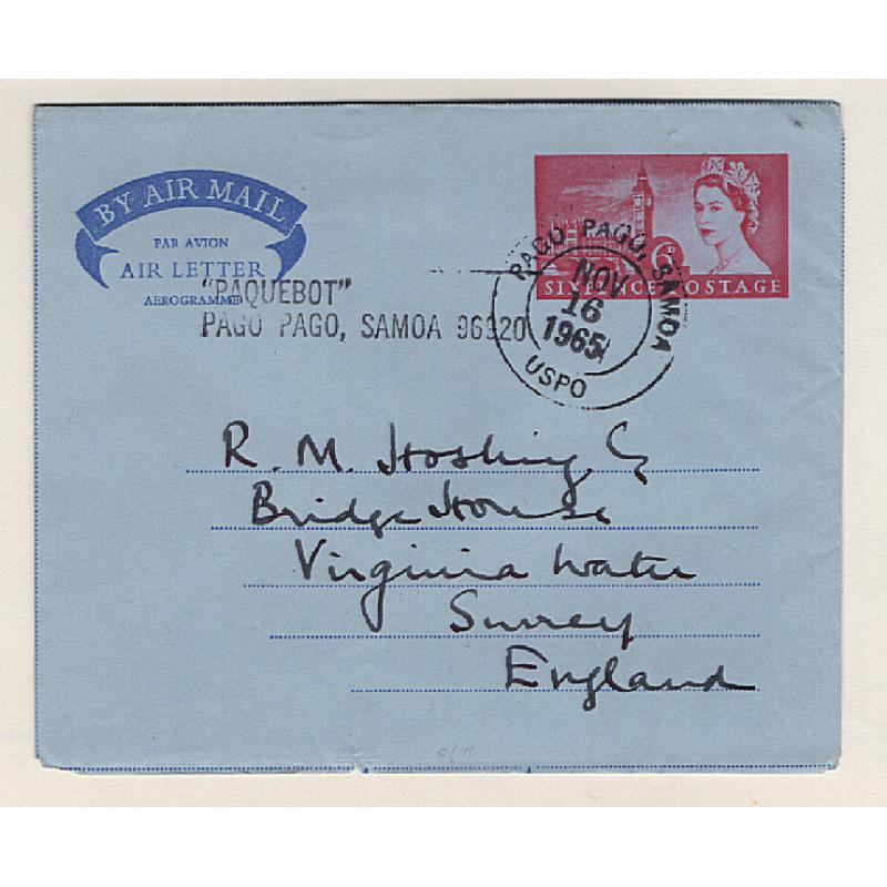 (SS15109) GREAT BRITAIN · AMERICAN SAMOA  1965: 6d air letter mailed to G.B. at PAGO PAGO · "PAQUEBOT" h/s and USPO cds postmark · fine condition