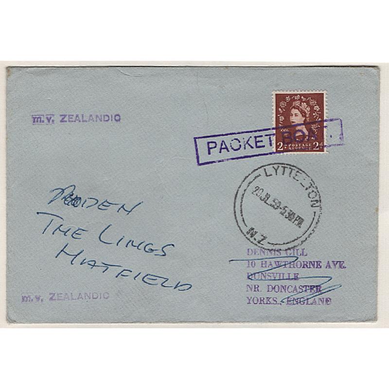 (SS15111) NEW ZEALAND · GREAT BRITAIN  1959: small cover to G.B. mailed on m.v. "ZEALANDIC" with 2d QEII defin franking · PAQUEBOT h/s and cds applied at LYTTELTON · re-directed on arrival · fine condition