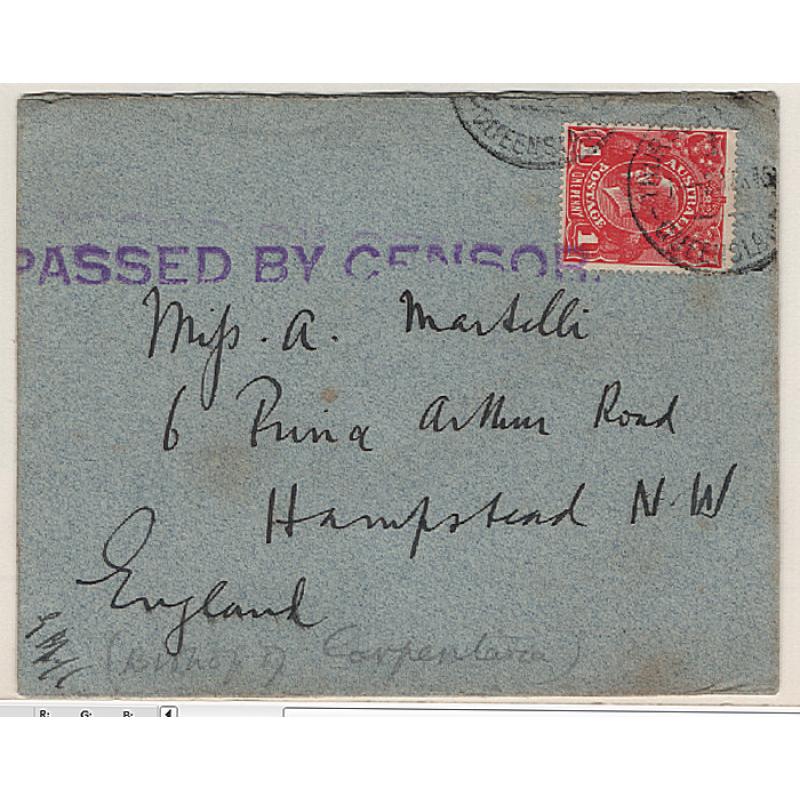 (SS15112) AUSTRALIA · 1915: small to G.B. with single 1d red KGV defin franking tied by two partial strikes of a THURSDAY ISLAND cds · endorsed "Bishop of Carpentaria" in penciled · nice condition · PASSED BY CENSOR h/s applied at Brisbane