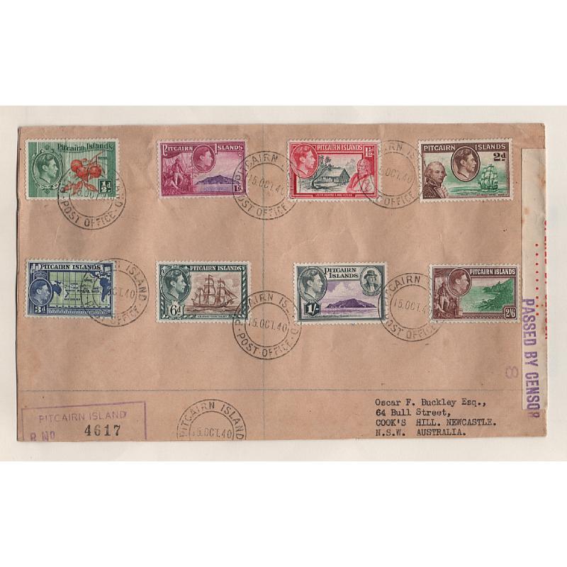 (SS15115L) PITCAIRN ISLANDS · 1940 (Oct 15th): censored FDC forwarded to Australia by registered post bearing the complete KGVI pictorial definitive issue · excellent clean condition
