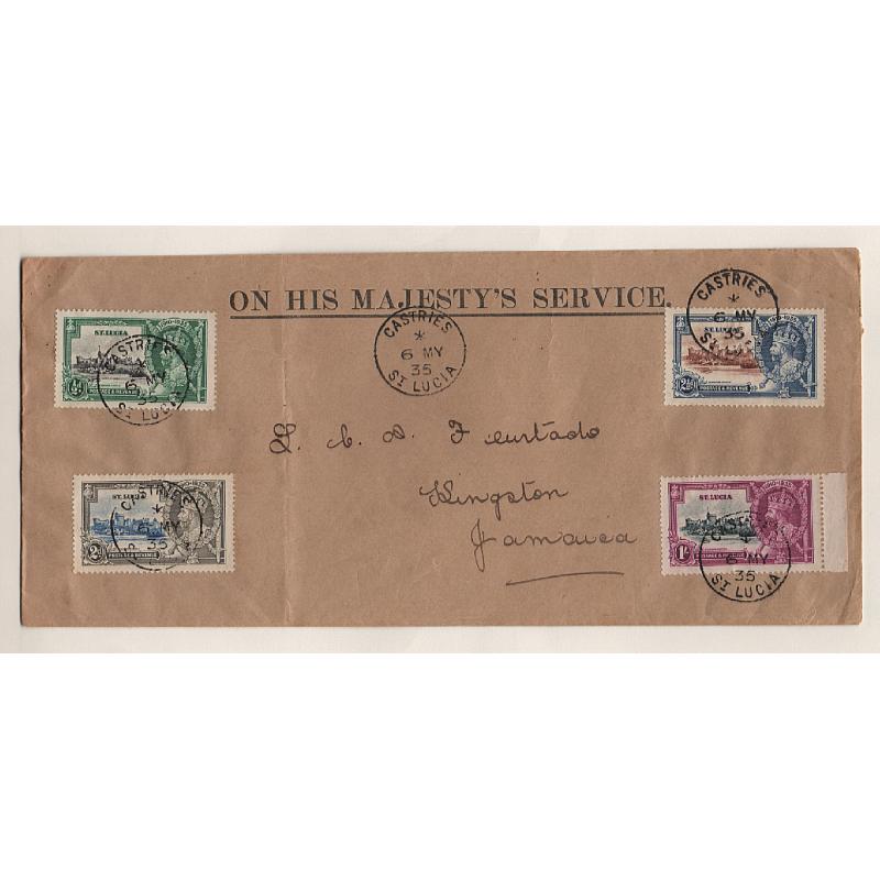 (SS15117L) ST LUCIA · TURKS & CAICOS ISLANDS  1935: OHMS envelope used as a FDC for the St Lucia KGV Jubilee issue; also registered cover with complete issue of same issued by Turks & Caicios (not a FDC) · see description (2 images)