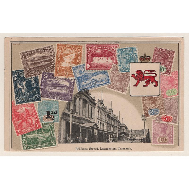 (SZ1505) TASMANIA · 1906: V.S.M. Series embossed "Stamp Card" with contemporary stamps · inserted view of BRISBANE STREET LAUNCESTON · mailed to USA from U.S. POSTAL STATION SHANGHAI with clear duplex cancel · nice condition