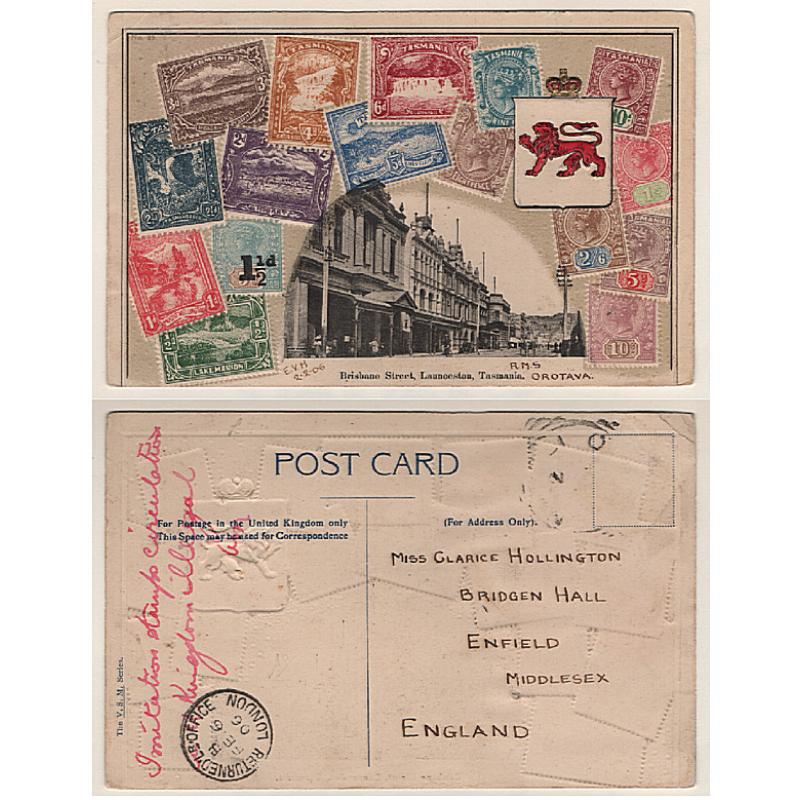 (SZ1512) TASMANIA · 1906: V.S.M. Series embossed "Stamp Card" with contemporary stamps · inserted view of BRISBANE STREET LAUNCESTON · mailed to G.B. · endorsed "IMITATION STAMP CIRCULATION IN U. KINGDOM ILLEGAL"
