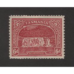 (SZ1520) TASMANIA · 1911: mint 6d dull carmine-red Pictorial (Crown/A wmk) with compound perfs 12.4 horiz. and perf.11 sides SG 254b · lightly pencilled annotations on base with a clean hinge remnant · c.v. £450 (2 images)