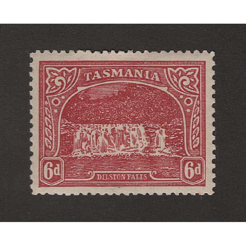 (SZ1520) TASMANIA · 1911: mint 6d dull carmine-red Pictorial (Crown/A wmk) with compound perfs 12.4 horiz. and perf.11 sides SG 254b · lightly pencilled annotations on base with a clean hinge remnant · c.v. £450 (2 images)