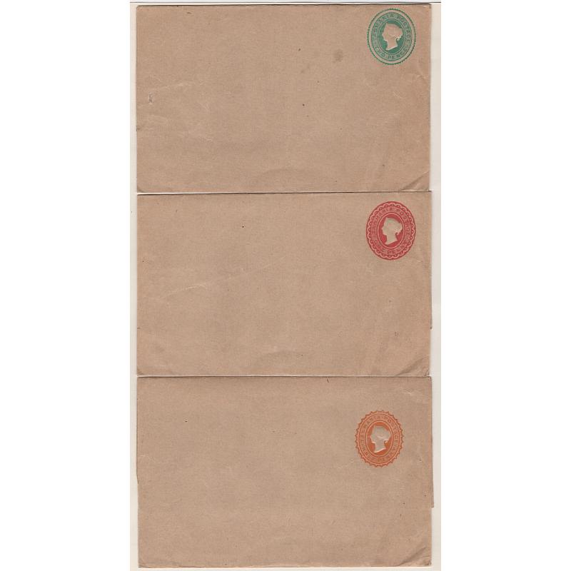 (SZ1522) TASMANIA · 1890s: unused ½d orange, 1d red and 2d green QV stamped-to-order wrappers G&S WS22/23/24 all in clean VG to excellent condition · all are rated RR (3)