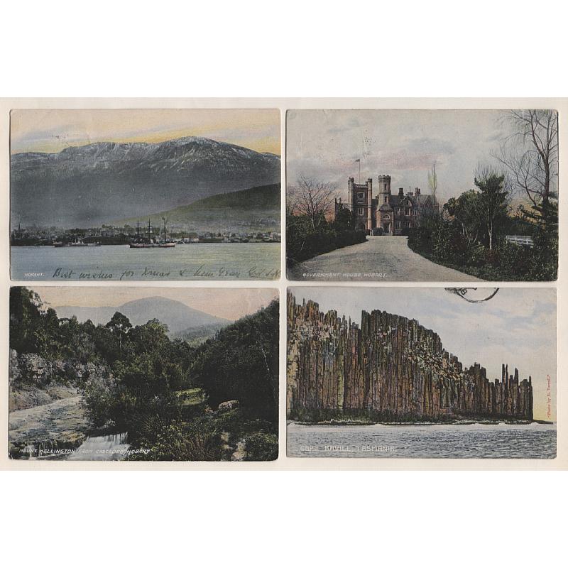 (SZ1525) TASMANIA · 1906/07: 4 different colour cards by McVilly & Little w/views of MT WELLINGTON, CAPE RAVILL (sic.), etc. - all have been mailed to foreign destinations · some minor wear o/wise overall condition is excellent (4)