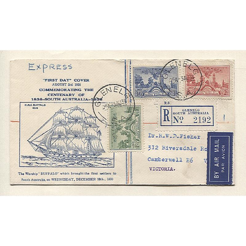 (TY10000) AUSTRALIA · 1936: cacheted registered FDC for South Australia Centenary mailed by Express Post to VIC · see full description · excellent condition