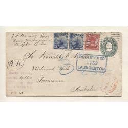 (TY10001) CUBA · 1902: uprated 1c envelope mailed by registered post (with A.R.) to Tasmania via London · range of postal markings....please see full description · attractive cover in fine condition (2 images)