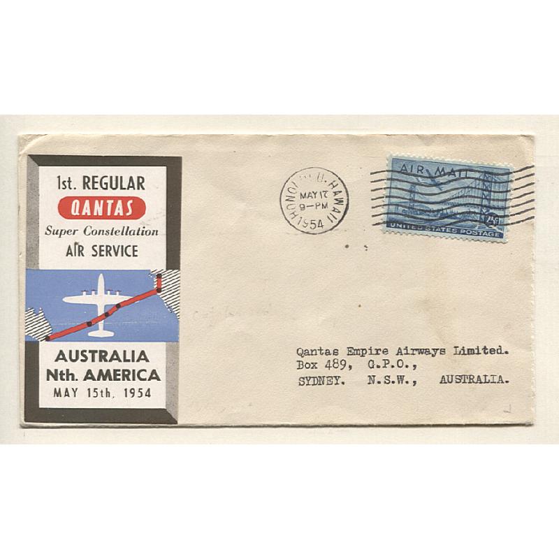 (TY10002) AUSTRALIA · 1954(May 17th): souvenir cover with vignette carried Hawai'i to Sydney on the first return flight by QANTAS Super Constellation to North America AAMC 1345b · excellent condition