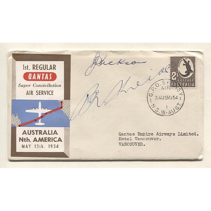 (TY10004) AUSTRALIA · 1954(May 15th): souvenir cover with vignette carried on 1st regular air mail flight by QANTAS Super Constellation to North America AAMC 1344 · signed by pilots · excellent to fine condition