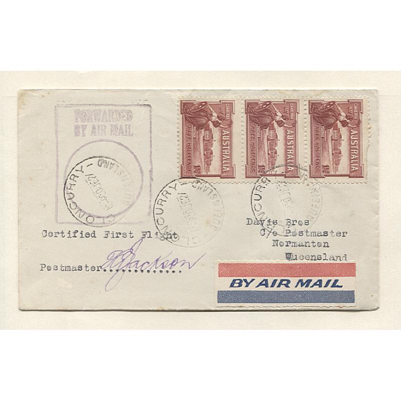 (TY10007) AUSTRALIA · 1927: "Davis Bros" souvenir cover carried on first flight by QANTAS from Cloncurry to Normanton AAMC #106 in excellent to fine condition · arrival b/stamp · c.v. AU$175