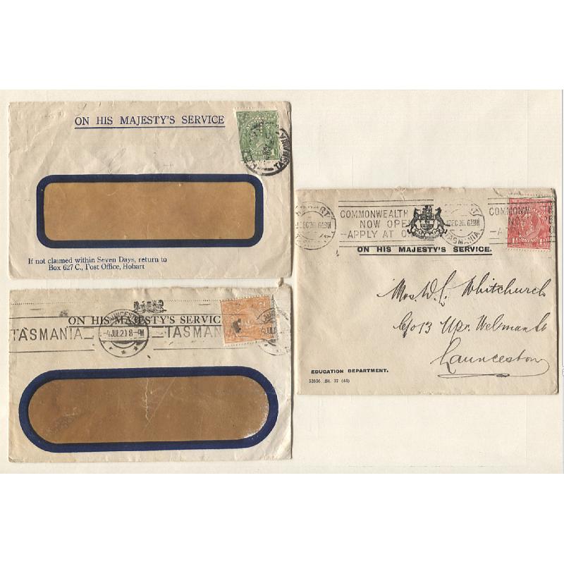 (TY10009) TASMANIA · 1921/35: 3 small OHMS covers in a mixed condition bearing 1d, 1½d & 2d KGV defins all perf T ..... see largest image (3)