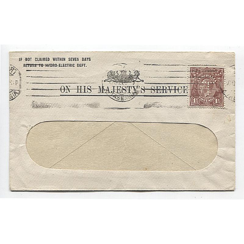 (TY10010) TASMANIA · 1921: Hydro-Electric Dept. OHMS envelope with single 1½d brown KGV defin franking perf T (5x5 holes) · small part of flap absent o/wise in excellent condition