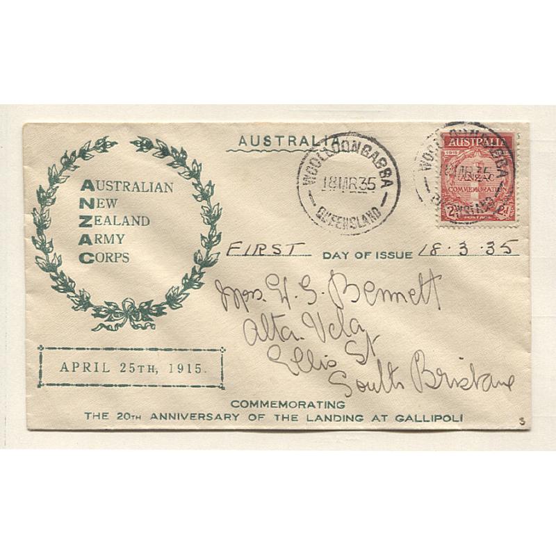 (TY10013) AUSTRALIA · 1935: Northern Stamp Company cacheted FDC with 2d ANZAC commemorative issue mailed to South Brisbane from WOOLLOONGABBA on March 18th · fine condition