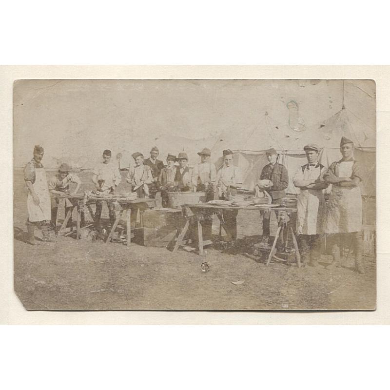 (TY10014) TASMANIA · c.1910: interesting unused real photo card with a portrait of soldiers preparing food · MILITARY CAMP TAS written on back · needs research ....see full description
