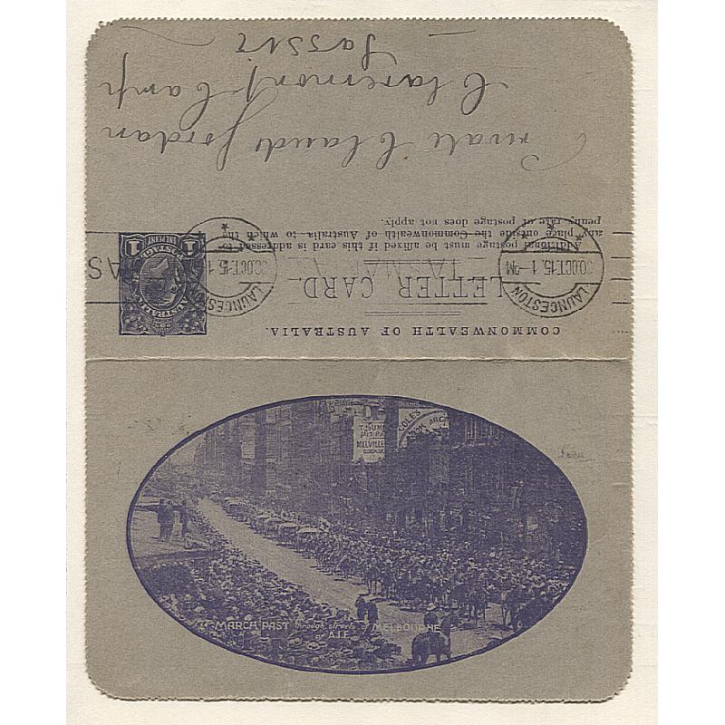 (TY10015) AUSTRALIA · 1915: 1d deep violet-blue KGV pictorial lettercard (pink inside) w/view MARCH PAST THROUGH STREETS OF MELBOURNE OF A.I.F. BW LC25 (M5B) mailed to Claremont Camp in TAS · excellent to fine condition · c.v. AU$100