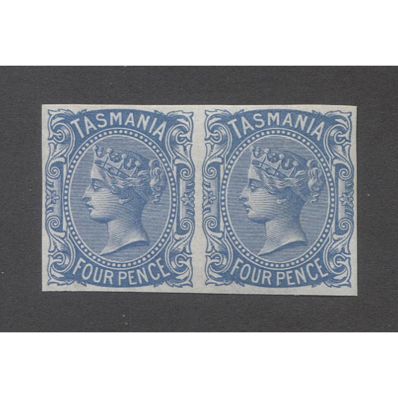 (TY10019) TASMANIA · 1870: fresh plate proof pair of imperf 4d QV S/face printed in blue (the issued colour) on Crown CC paper · minor clean hinge remnant and in F to VF condition (2 images)
