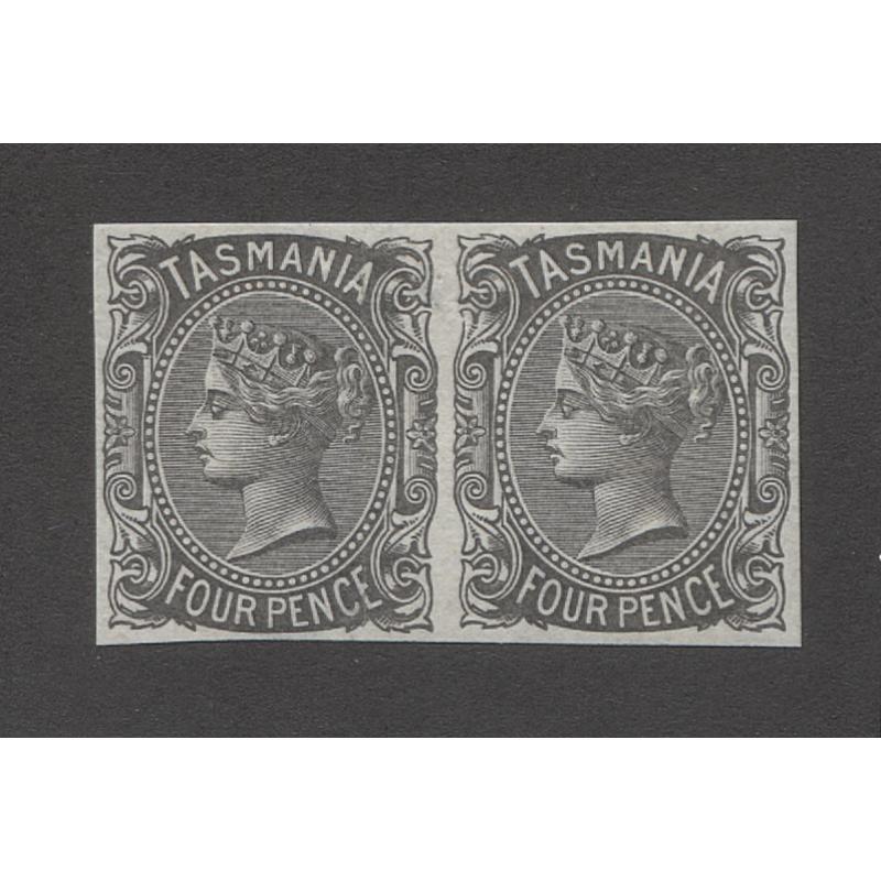 (TY10021) TASMANIA · 1870: fresh plate proof pair of imperf 4d QV S/face printed in black on Crown CC paper · clean hinge remnant o/wise in fine condition front and back (2 images)