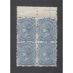 (TY10027) TASMANIA · 1896: fresh MLH/MNH block of 4x 9d pale blue QV S/face (TAS Wmk · perf.12) SG 227 · selvedge at top with a "marginal cross" · fine appearance · c.v. £38 (2 images)