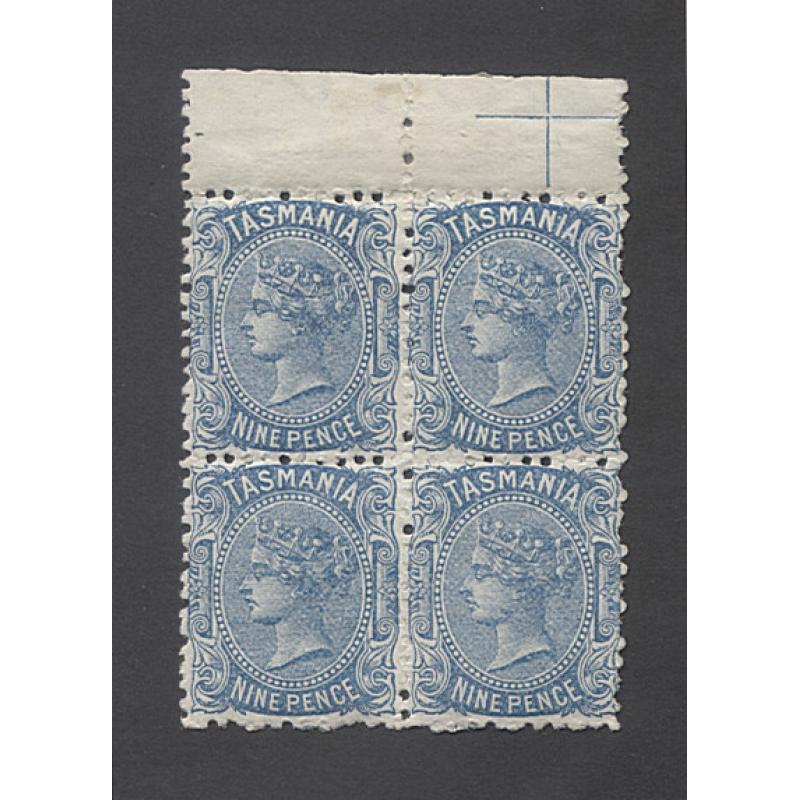 (TY10027) TASMANIA · 1896: fresh MLH/MNH block of 4x 9d pale blue QV S/face (TAS Wmk · perf.12) SG 227 · selvedge at top with a "marginal cross" · fine appearance · c.v. £38 (2 images)