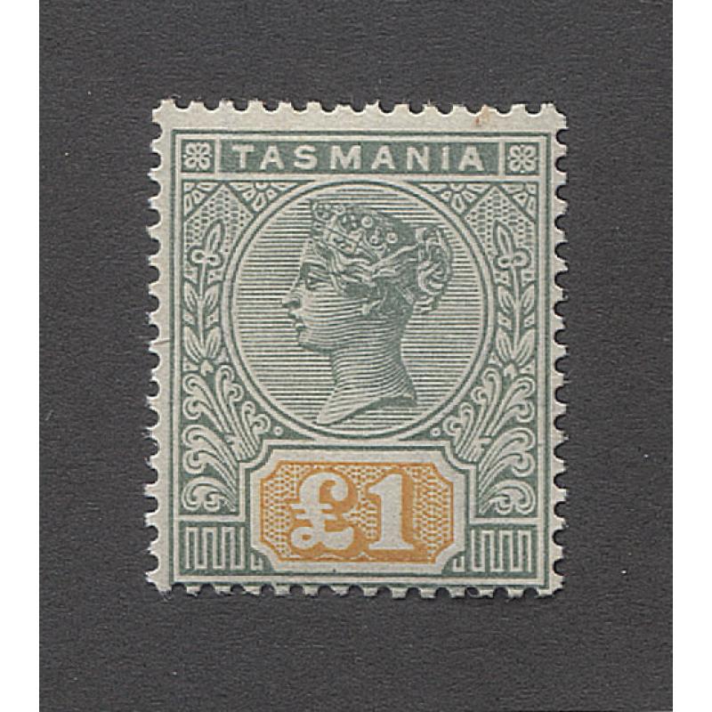 (TY10031) TASMANIA · 1897: a very fresh MNH £1 green & yellow QV Key Plate · a marginal example from the LH side of the pane in fine condition · c.v. for MLH is £550..... MNH examples are few and far between! (2 images)