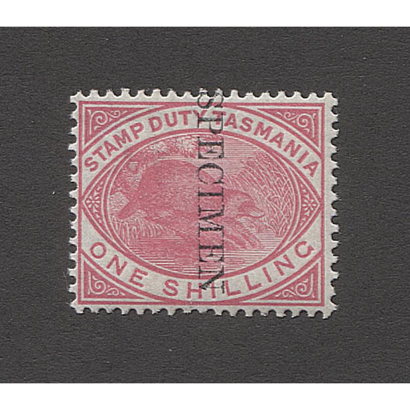 (TY10034) TASMANIA · 1889/91: 1/- rose-pink Platypus postal/fiscal optd SPECIMEN SG F29s in fine condition · the stamp has been lightly mounted (2 images)