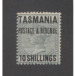 (TY10037) TASMANIA · 1886: De La Rue essay comprising Crown Colony Key Plate in green optd TASMANIA  POSTAGE & REVENUE · TEN SHILLINGS  in black · some hinge remnants on back o/wise in fine condition (2 images)