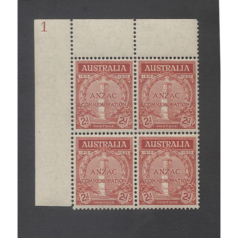 (TY10039) AUSTRALIA · 1935: MNH block of 4x 2d Anzac with Plate Number '1' on selvedge  BW 164z · fine condition · c.v. AU$40 (2 images)