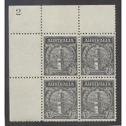(TY10044) AUSTRALIA · 1935: MNH PLATE BLOCK 2 1/- black Anzac commem BW 165za · tiny stain visible in UL corner (of selvedge) o/wise outstanding quality · c.v. AU$625 (2 images)